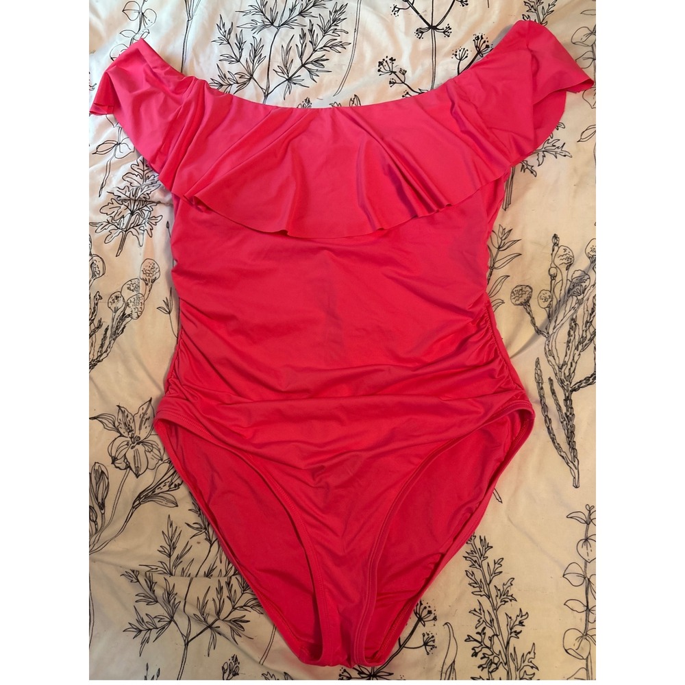 Dark Pink Off the‎ Shoulder Ruffled Ruched Tummy Control One Piece Swimsuit, L